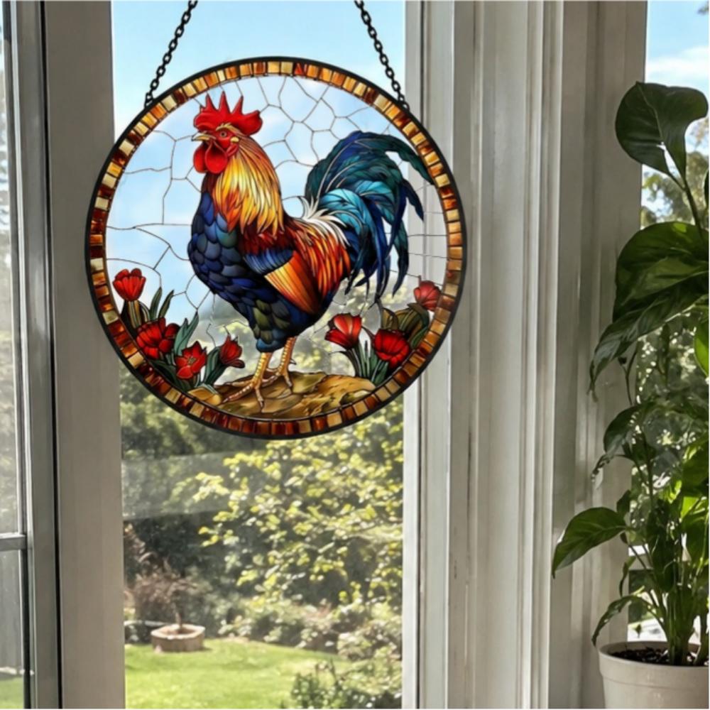 Rooster country floral stained glass suncatcher window hanging, suitable for home and garden decoration