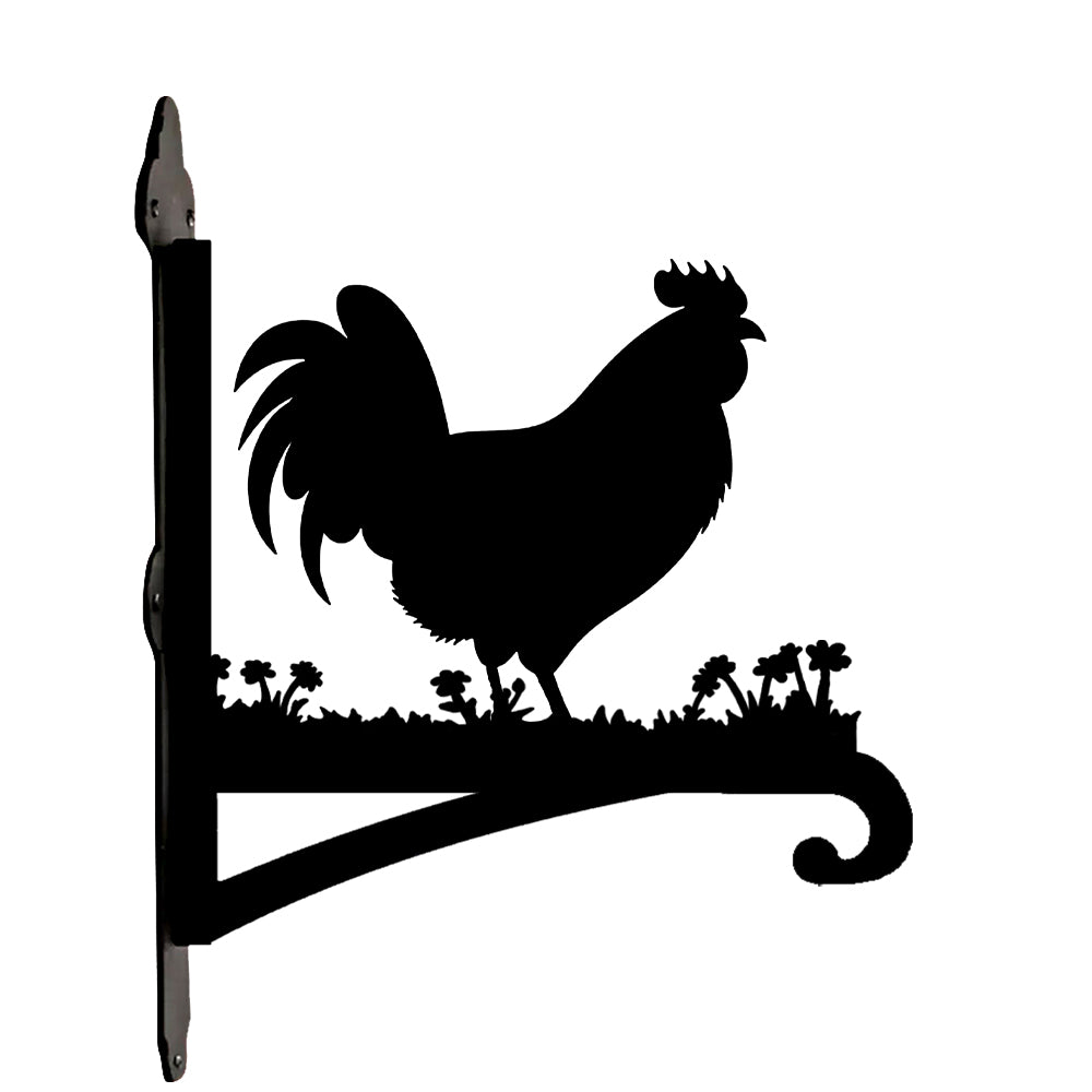 Rooster metal hanging basket bracket mounted on outdoor wall for plant decoration