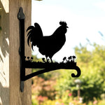 Rooster metal hanging basket bracket mounted on outdoor wall for plant decoration