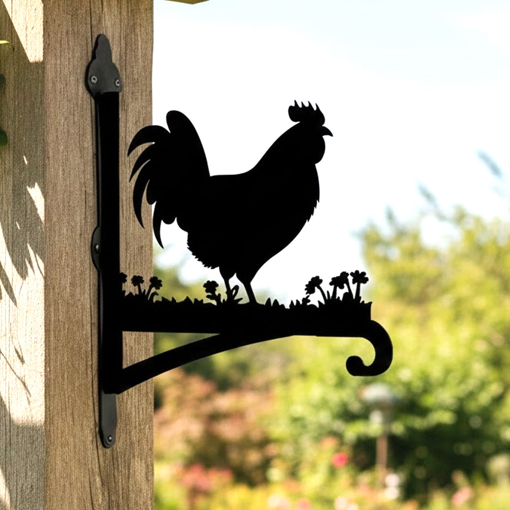 Rooster metal hanging basket bracket mounted on outdoor wall for plant decoration