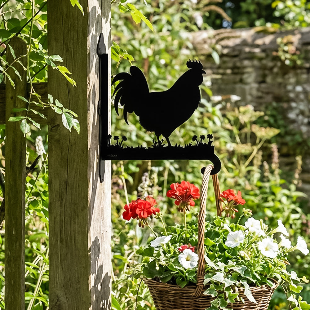 Rooster metal hanging basket bracket mounted on outdoor wall for plant decoration