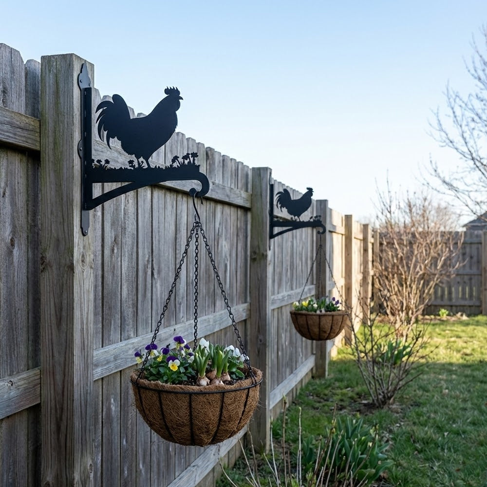 Rooster metal hanging basket bracket mounted on outdoor wall for plant decoration