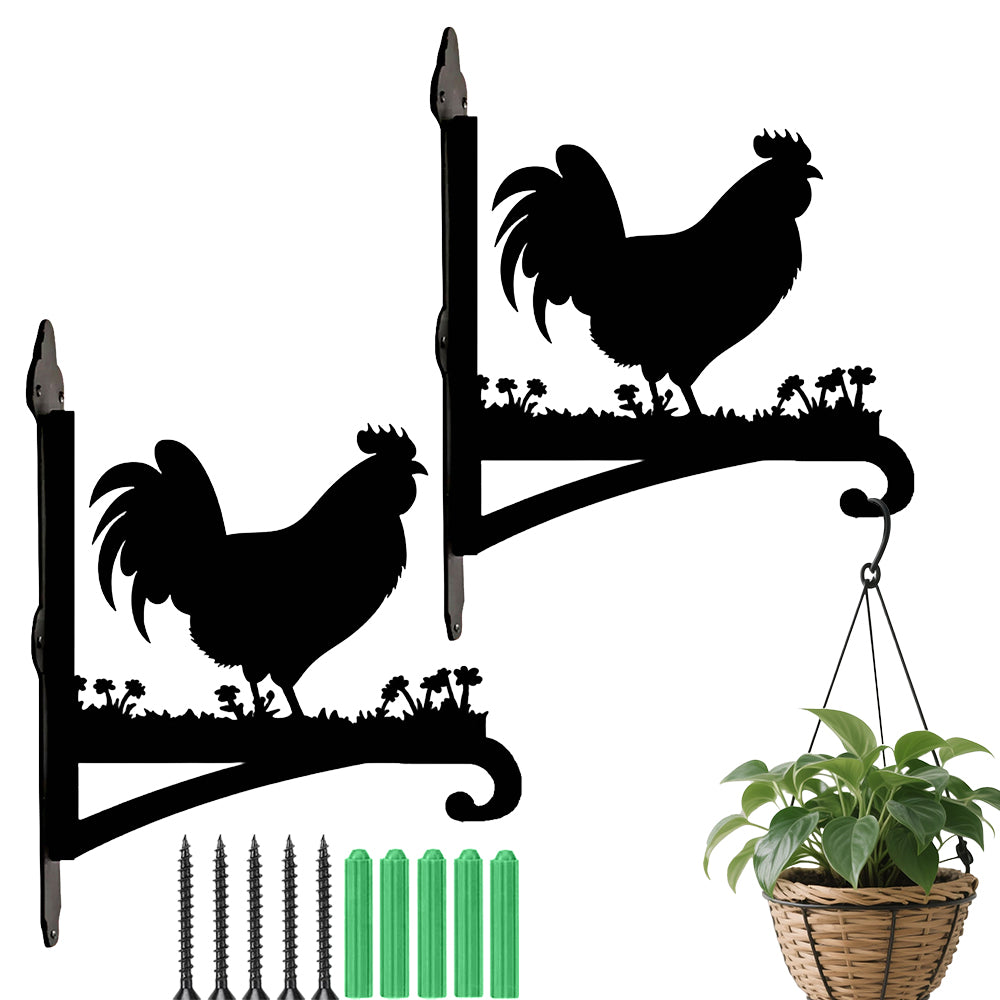 Rooster metal hanging basket bracket mounted on outdoor wall for plant decoration