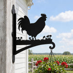 Rooster metal hanging basket bracket mounted on outdoor wall for plant decoration