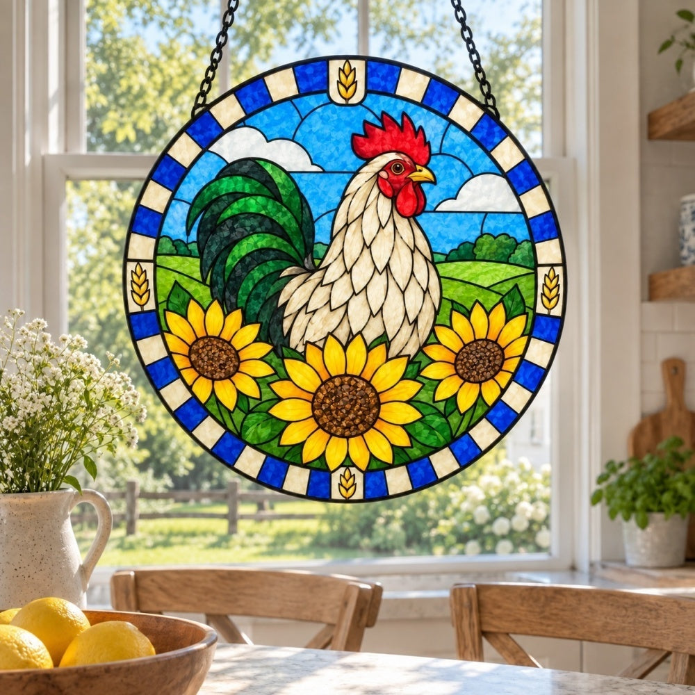 Rooster in field stained glass suncatcher window hanging, suitable for home and garden decoration