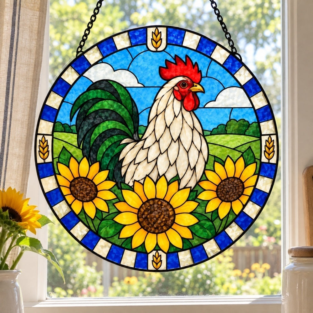 Rooster in field stained glass suncatcher window hanging, suitable for home and garden decoration