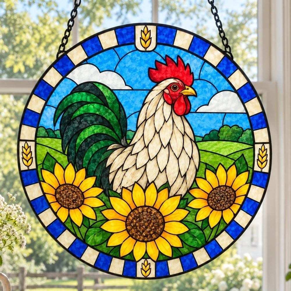 Rooster in field stained glass suncatcher window hanging, suitable for home and garden decoration