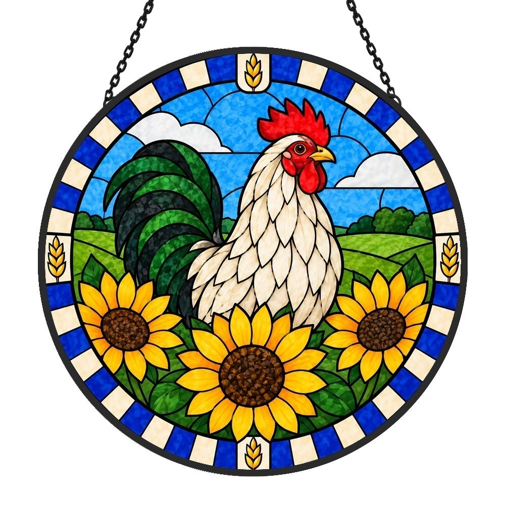 Rooster in field stained glass suncatcher window hanging, suitable for home and garden decoration