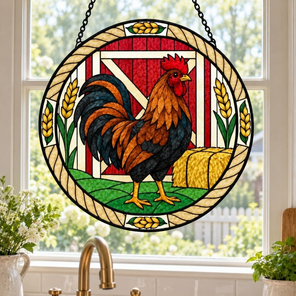 Rooster stained glass suncatcher window hanging, suitable for home and garden decoration