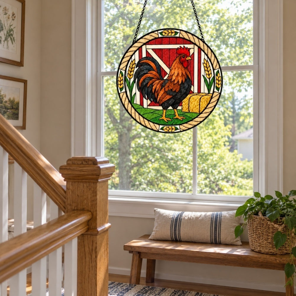 Rooster stained glass suncatcher window hanging, suitable for home and garden decoration