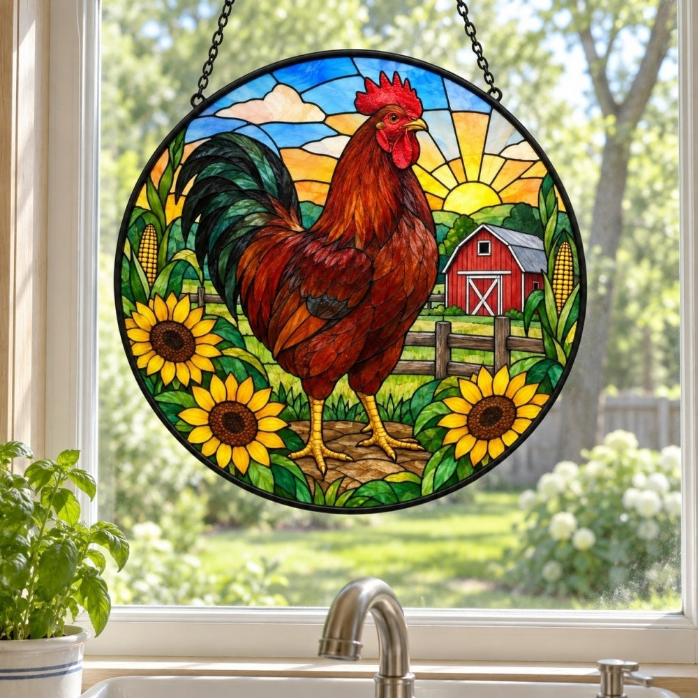Rooster stained glass suncatcher window hanging, suitable for home and garden decoration