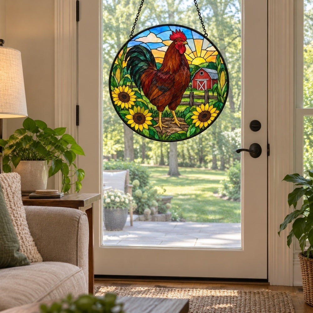 Rooster stained glass suncatcher window hanging, suitable for home and garden decoration