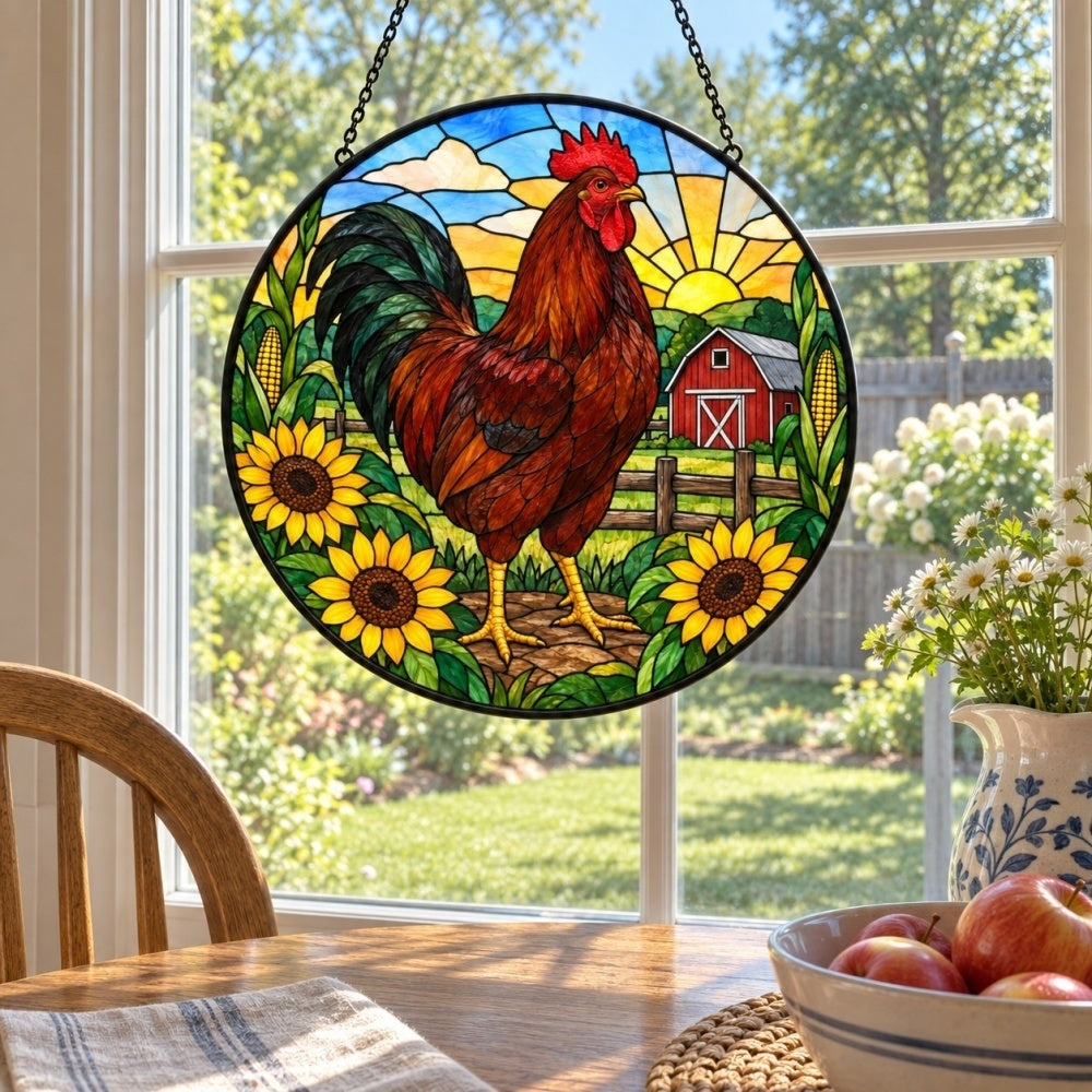 Rooster stained glass suncatcher window hanging, suitable for home and garden decoration