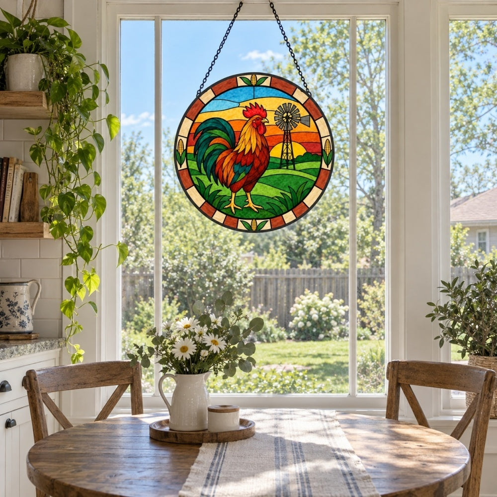 Rooster stained glass suncatcher window hanging, suitable for home and garden decoration