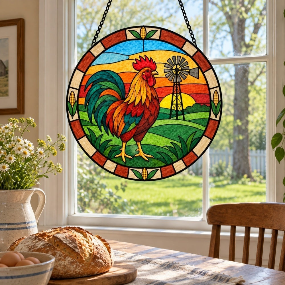 Rooster stained glass suncatcher window hanging, suitable for home and garden decoration