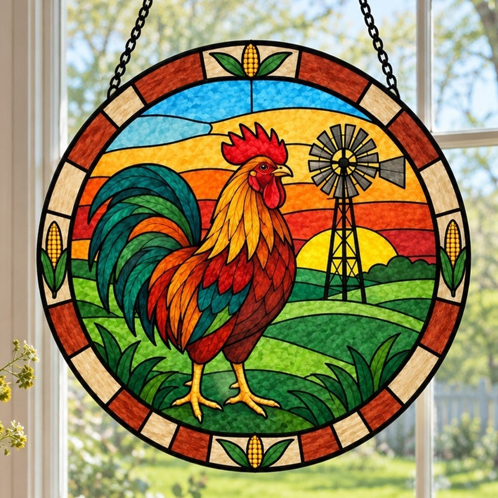 Rooster stained glass suncatcher window hanging, suitable for home and garden decoration