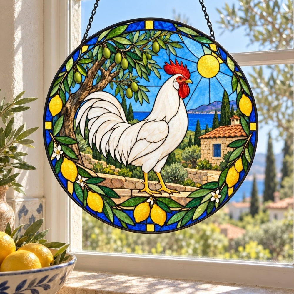 Rooster stained glass suncatcher window hanging, suitable for home and garden decoration