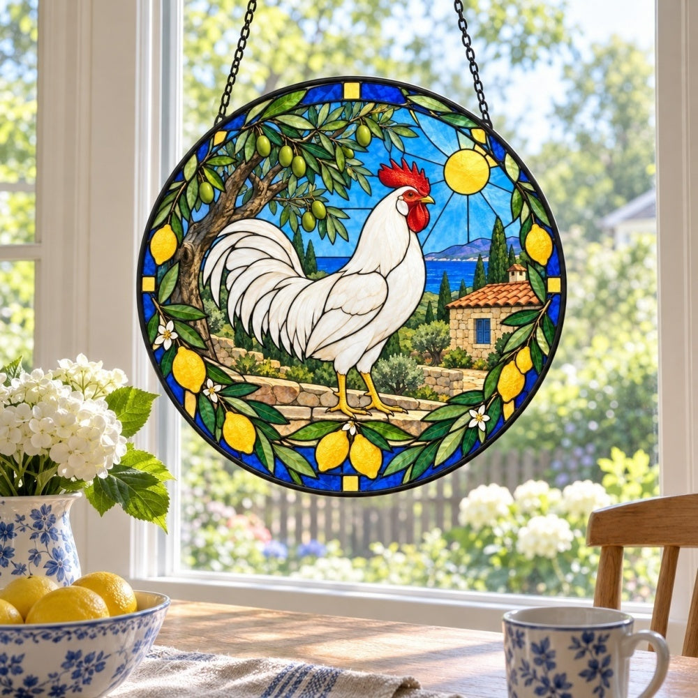 Rooster stained glass suncatcher window hanging, suitable for home and garden decoration