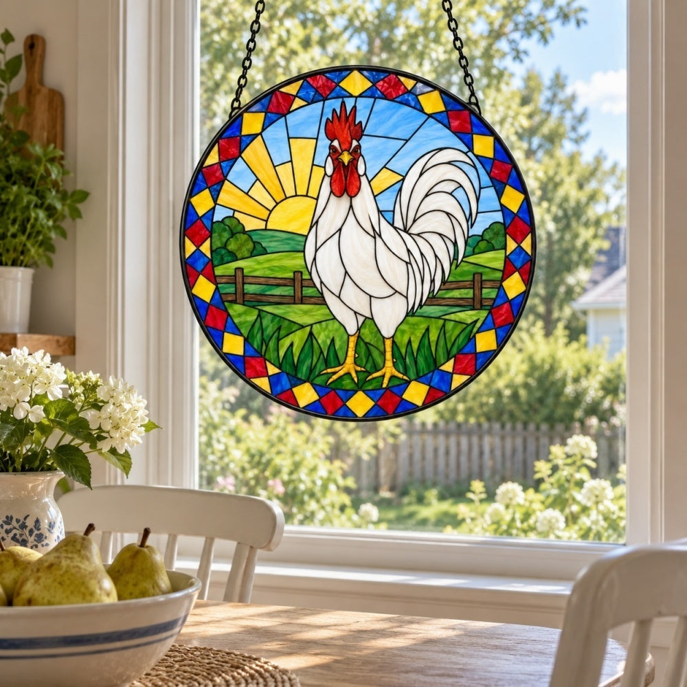 Rooster stained glass suncatcher window hanging, suitable for home and garden decoration