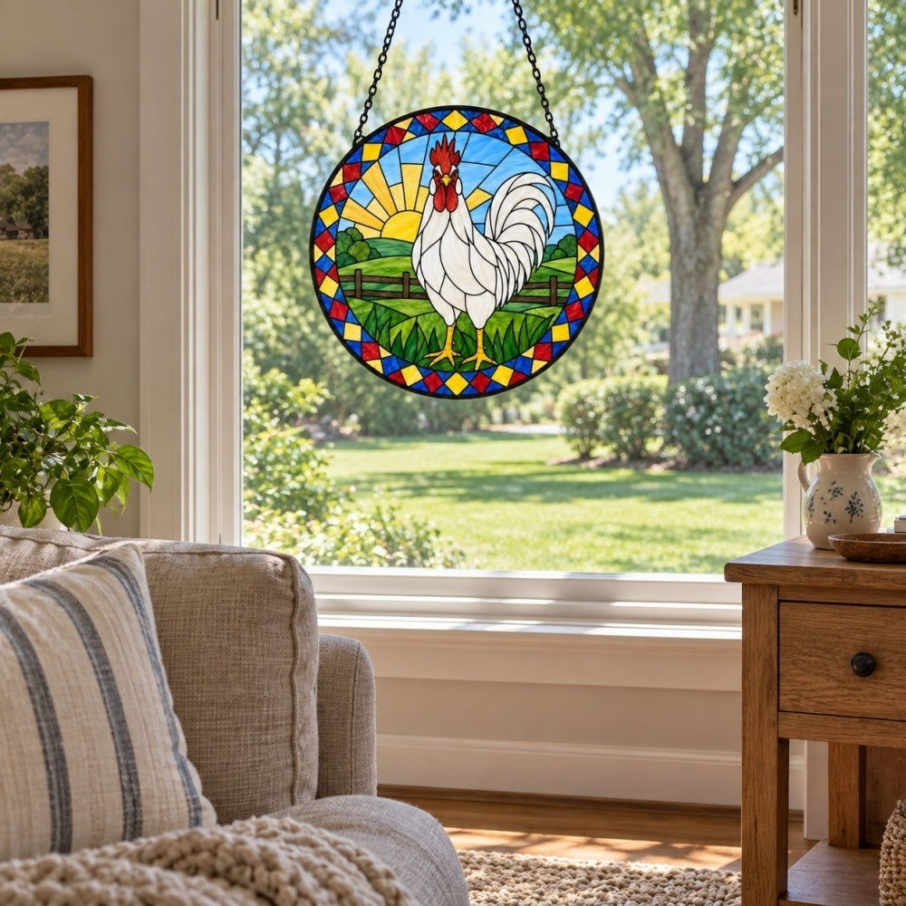 Rooster stained glass suncatcher window hanging, suitable for home and garden decoration