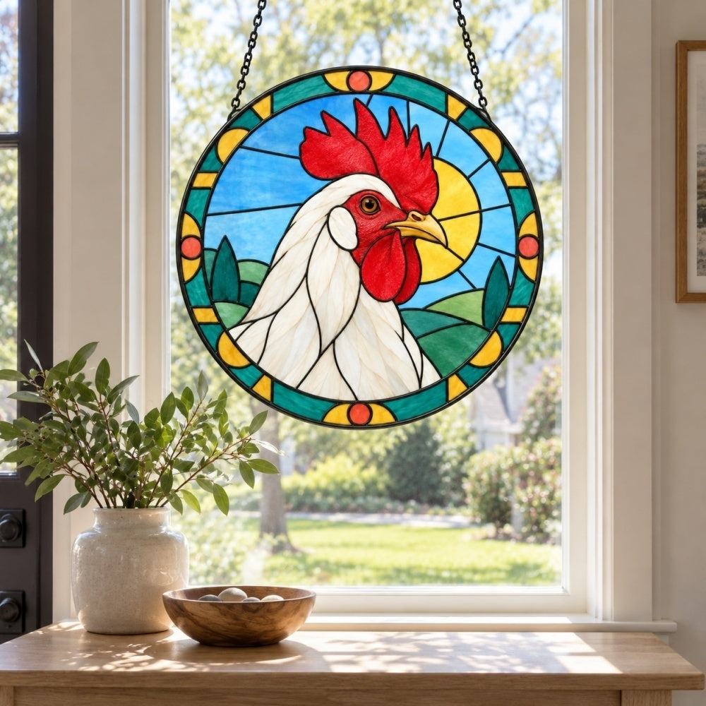 Rooster stained glass suncatcher window hanging, suitable for home and garden decoration