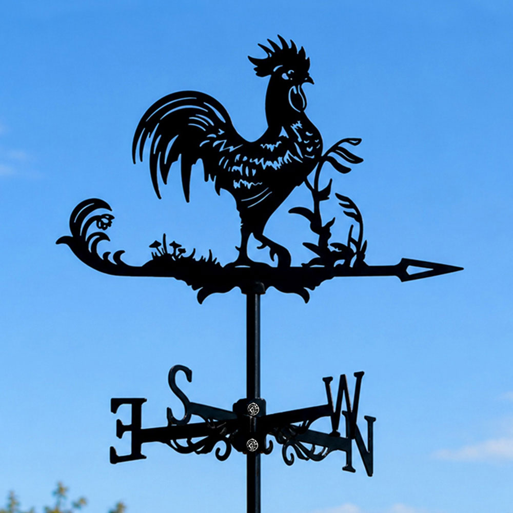 Rooster metal weather vane with directional arrows and mounting rod, outdoor roof and garden decoration