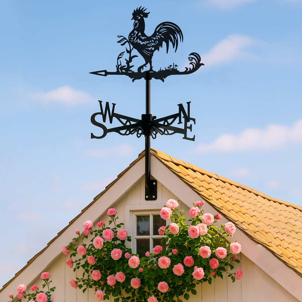 Rooster metal weather vane with directional arrows and mounting rod, outdoor roof and garden decoration