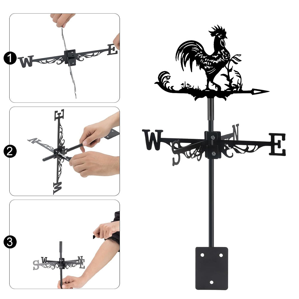 Rooster metal weather vane with directional arrows and mounting rod, outdoor roof and garden decoration