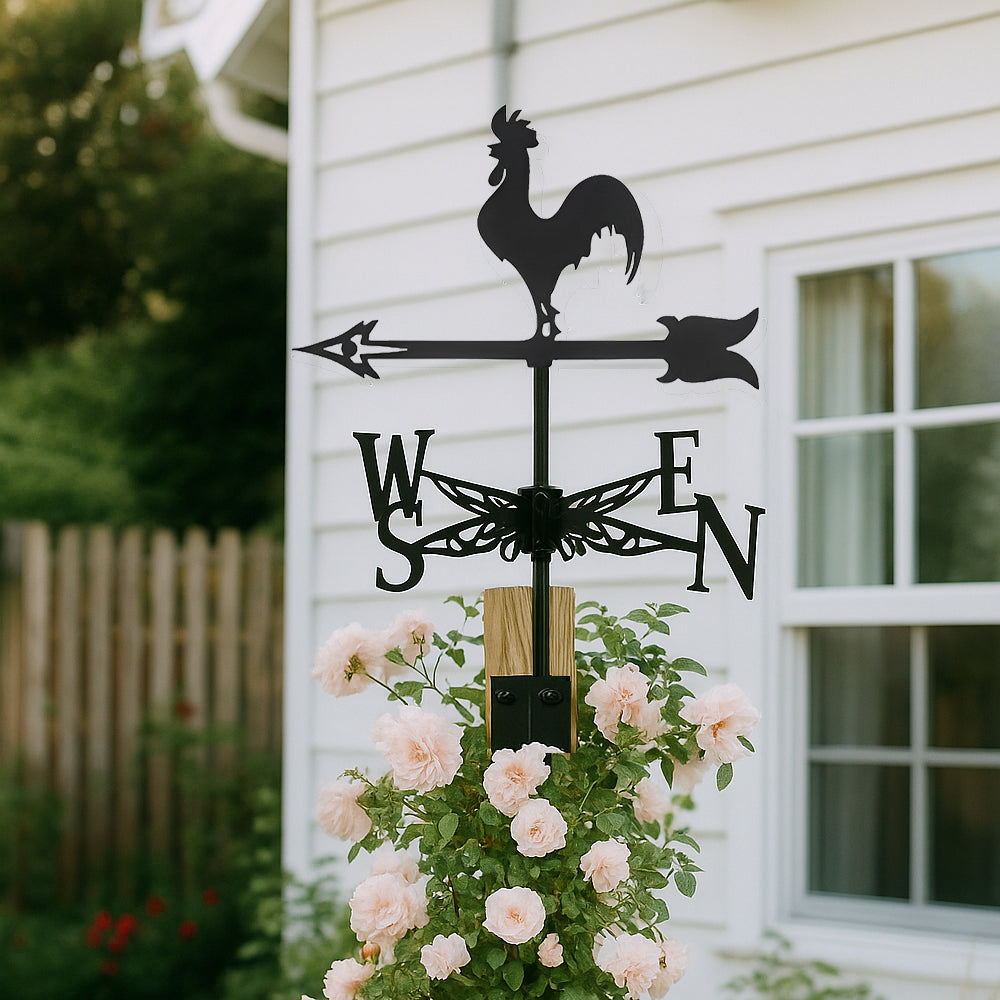 Rooster metal weather vane with directional arrows and mounting rod, outdoor roof and garden decoration