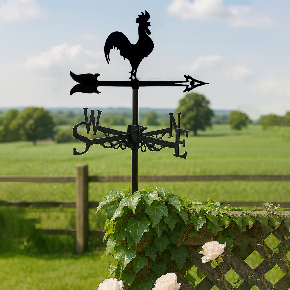 Rooster metal weather vane with directional arrows and mounting rod, outdoor roof and garden decoration