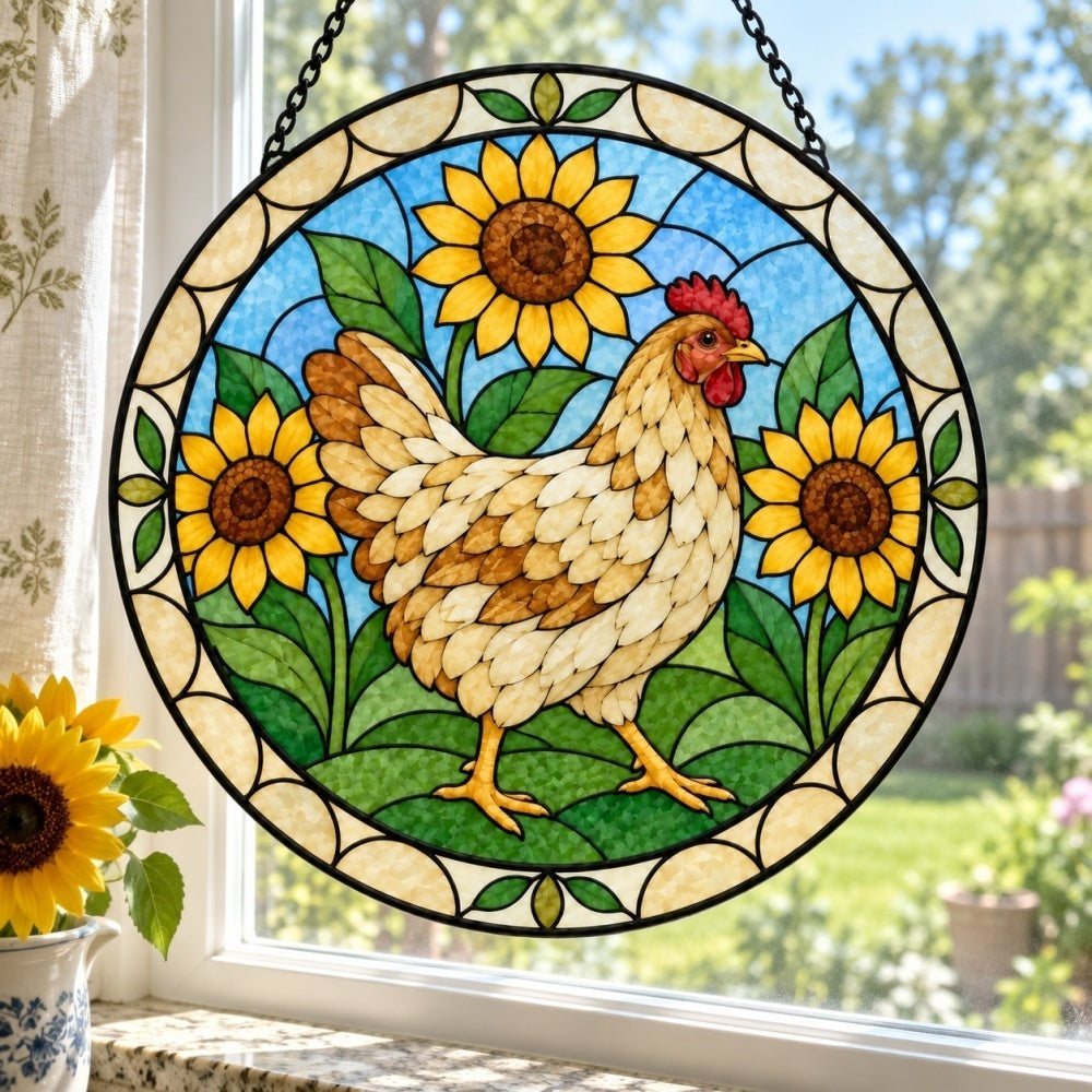 Rooster with sunflowers stained glass suncatcher window hanging, suitable for home and garden decoration