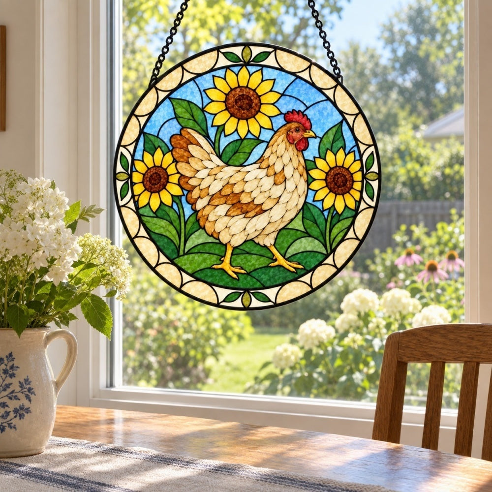 Rooster with sunflowers stained glass suncatcher window hanging, suitable for home and garden decoration