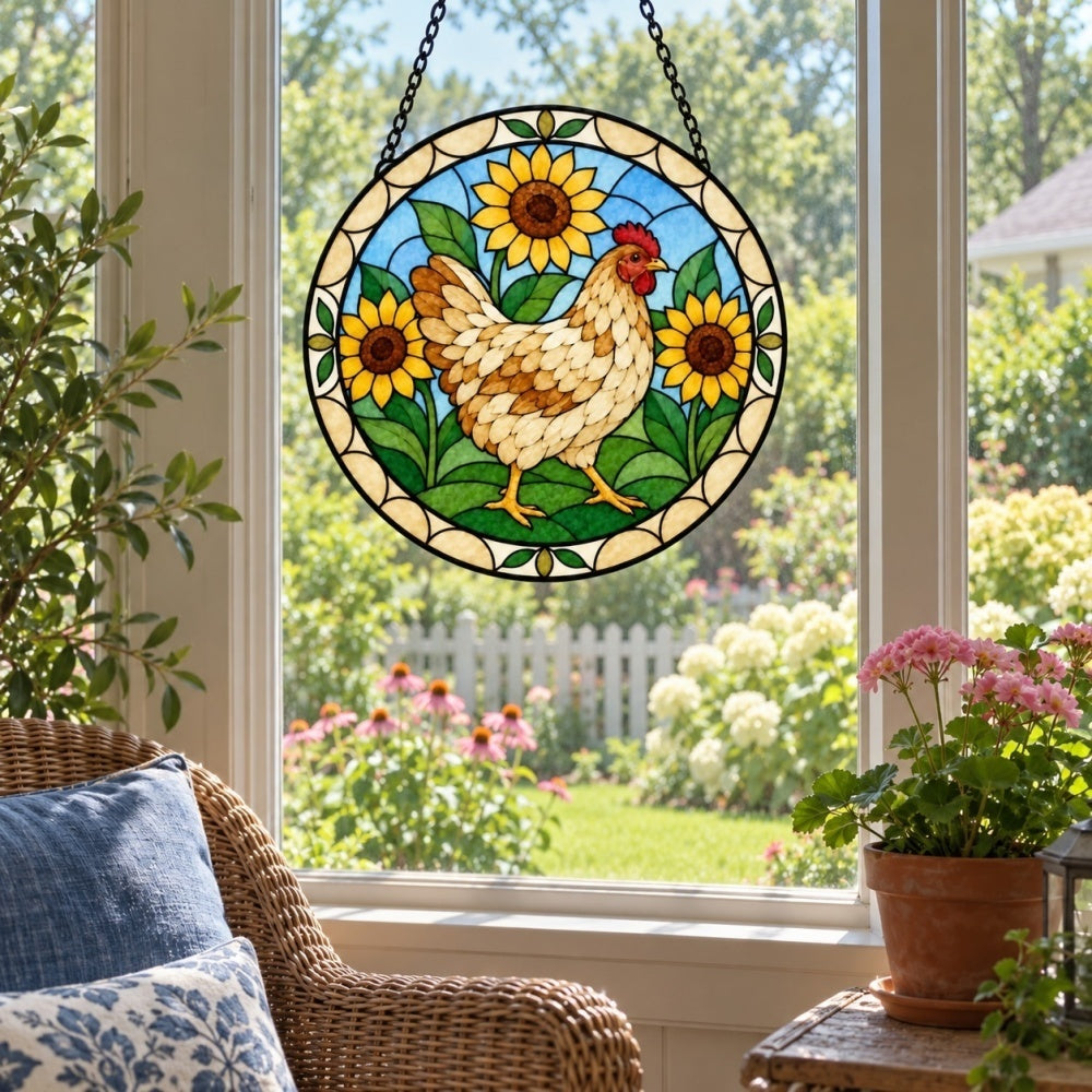 Rooster with sunflowers stained glass suncatcher window hanging, suitable for home and garden decoration