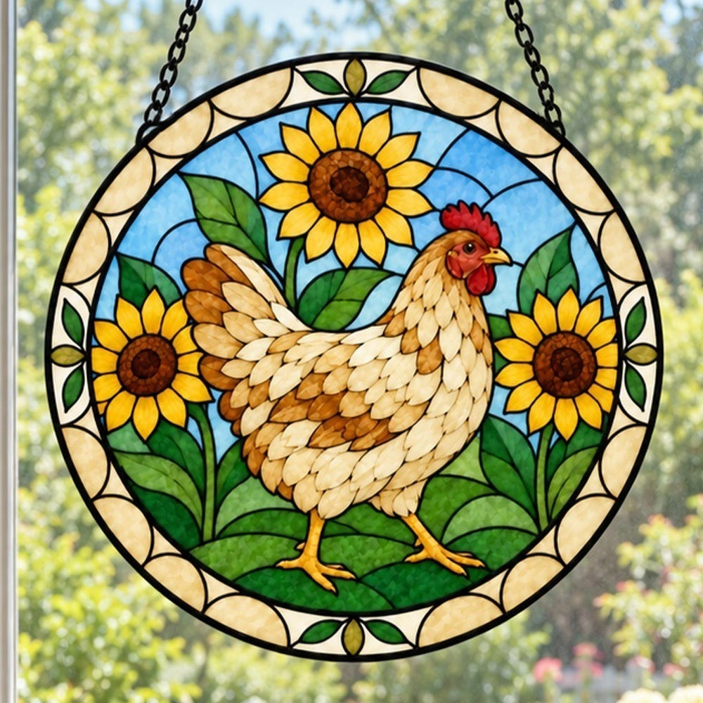 Rooster with sunflowers stained glass suncatcher window hanging, suitable for home and garden decoration