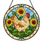 Rooster with sunflowers stained glass suncatcher window hanging, suitable for home and garden decoration