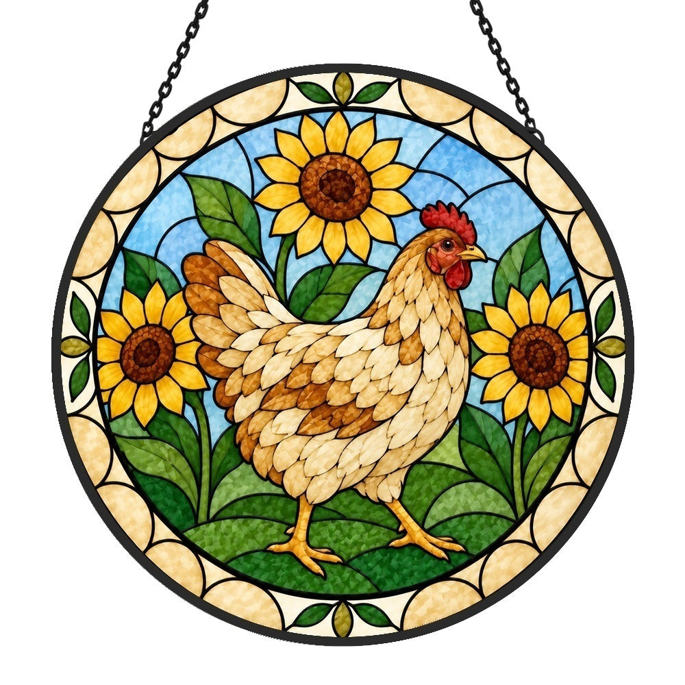 Rooster with sunflowers stained glass suncatcher window hanging, suitable for home and garden decoration