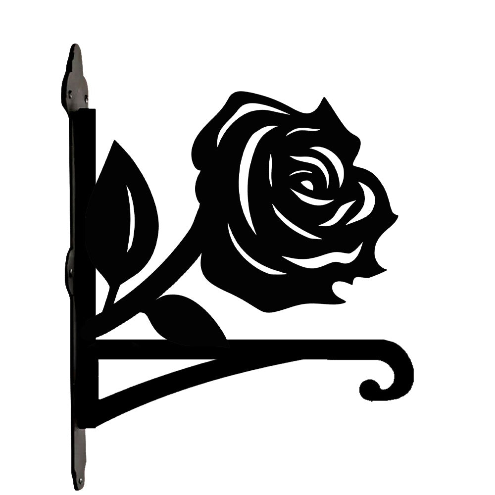 Rose metal hanging basket bracket mounted on outdoor wall for plant decoration