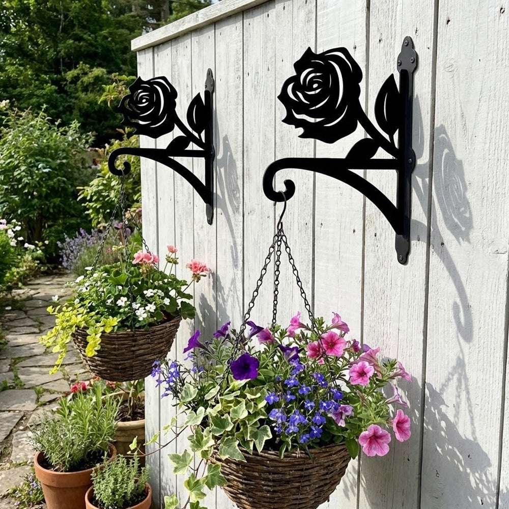 Rose metal hanging basket bracket mounted on outdoor wall for plant decoration