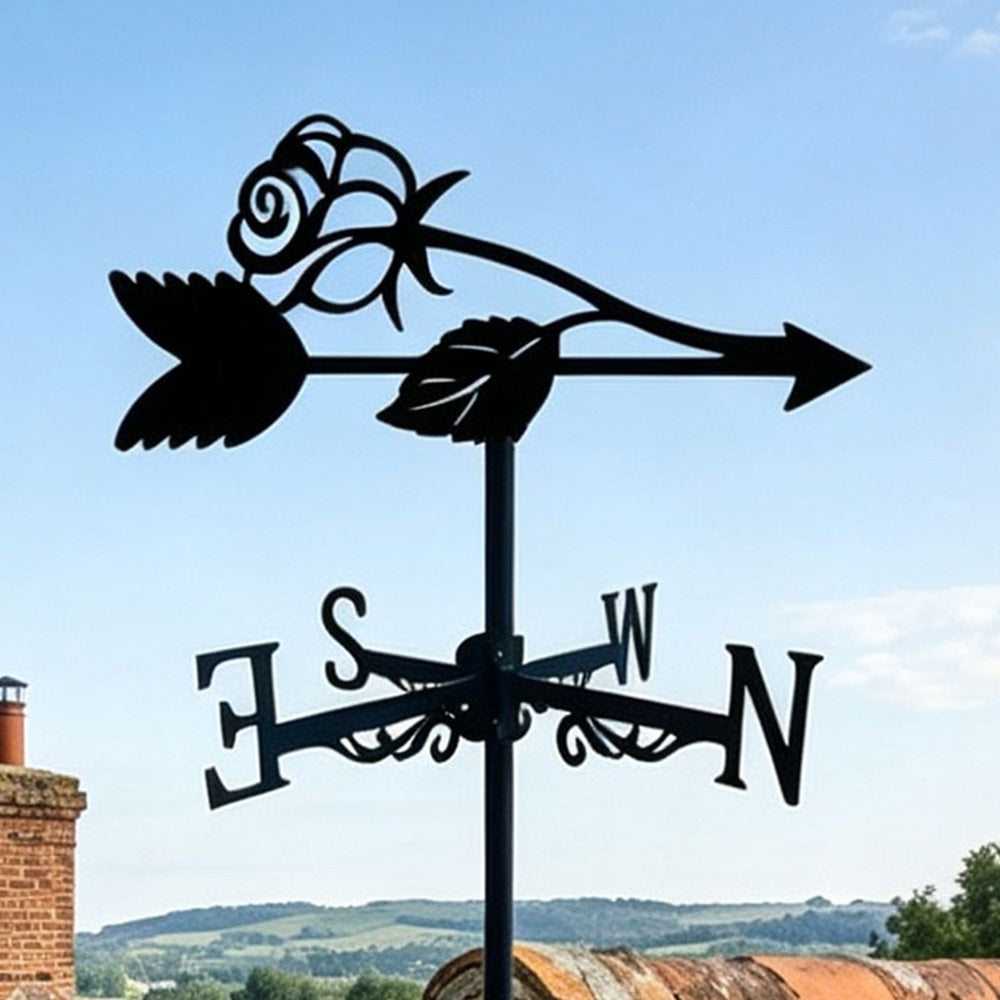 Rose metal weather vane with directional arrows and mounting rod, outdoor roof and garden decoration