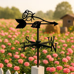 Rose metal weather vane with directional arrows and mounting rod, outdoor roof and garden decoration