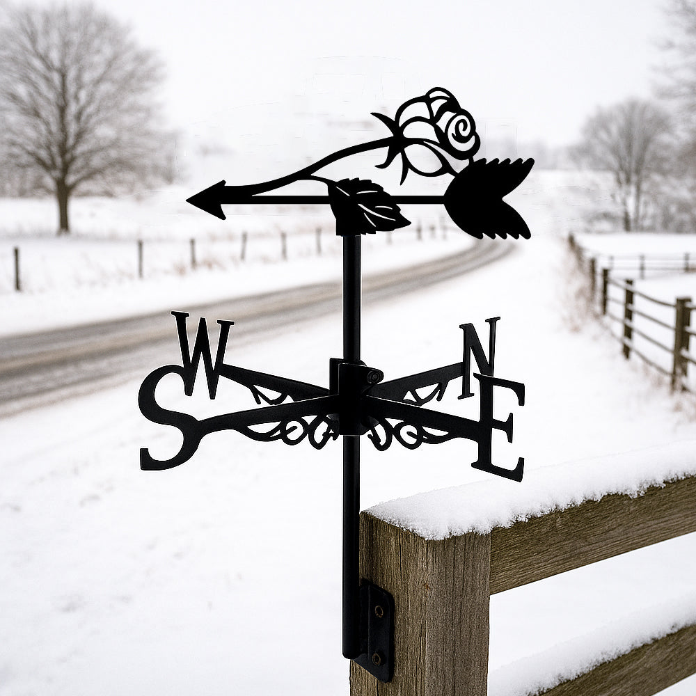 Rose metal weather vane with directional arrows and mounting rod, outdoor roof and garden decoration