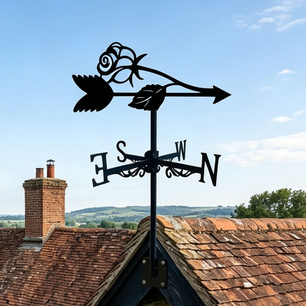 Rose metal weather vane with directional arrows and mounting rod, outdoor roof and garden decoration