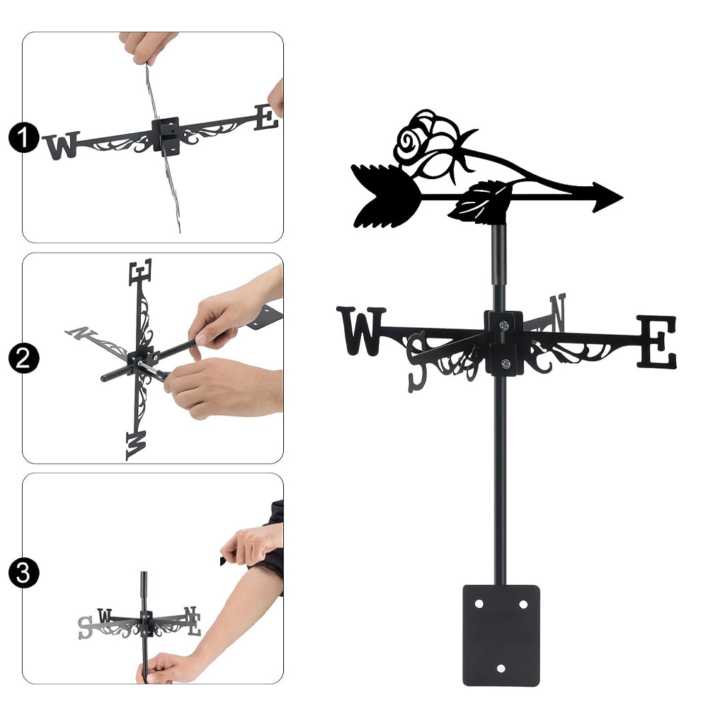 Rose metal weather vane with directional arrows and mounting rod, outdoor roof and garden decoration