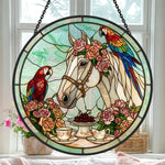 Rose white horse and parrot stained glass suncatcher window hanging, suitable for home and garden decoration