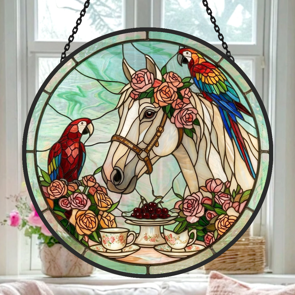 Rose white horse and parrot stained glass suncatcher window hanging, suitable for home and garden decoration