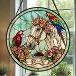 Rose white horse and parrot stained glass suncatcher window hanging, suitable for home and garden decoration