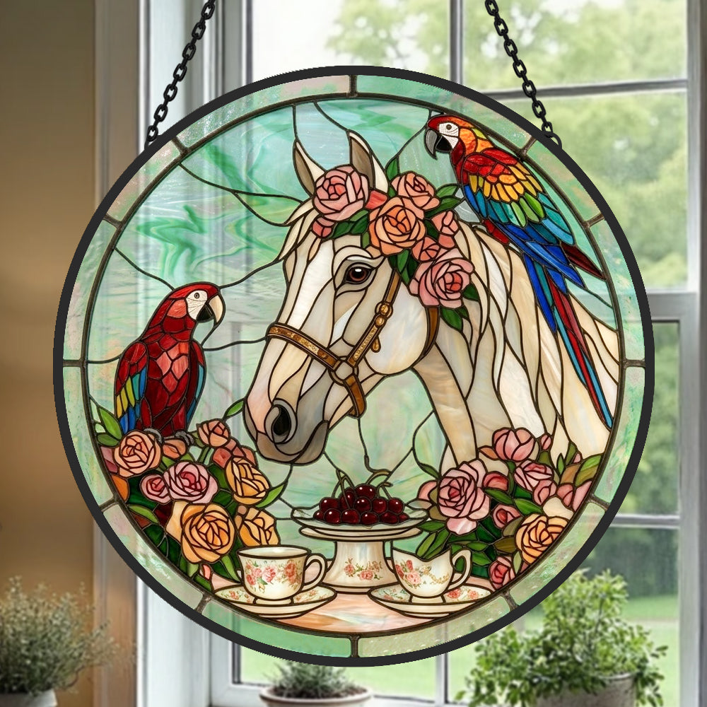 Rose white horse and parrot stained glass suncatcher window hanging, suitable for home and garden decoration