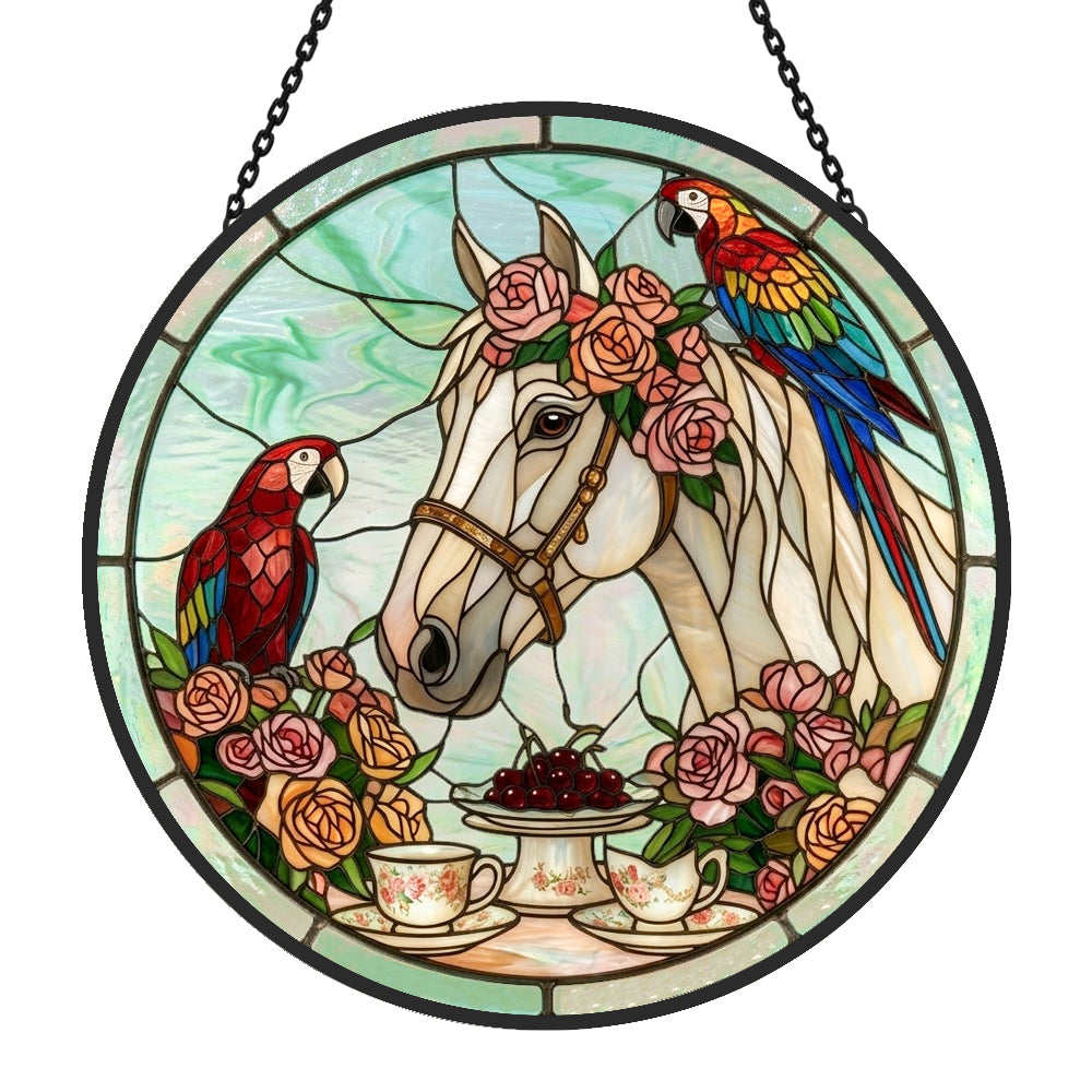 Rose white horse and parrot stained glass suncatcher window hanging, suitable for home and garden decoration