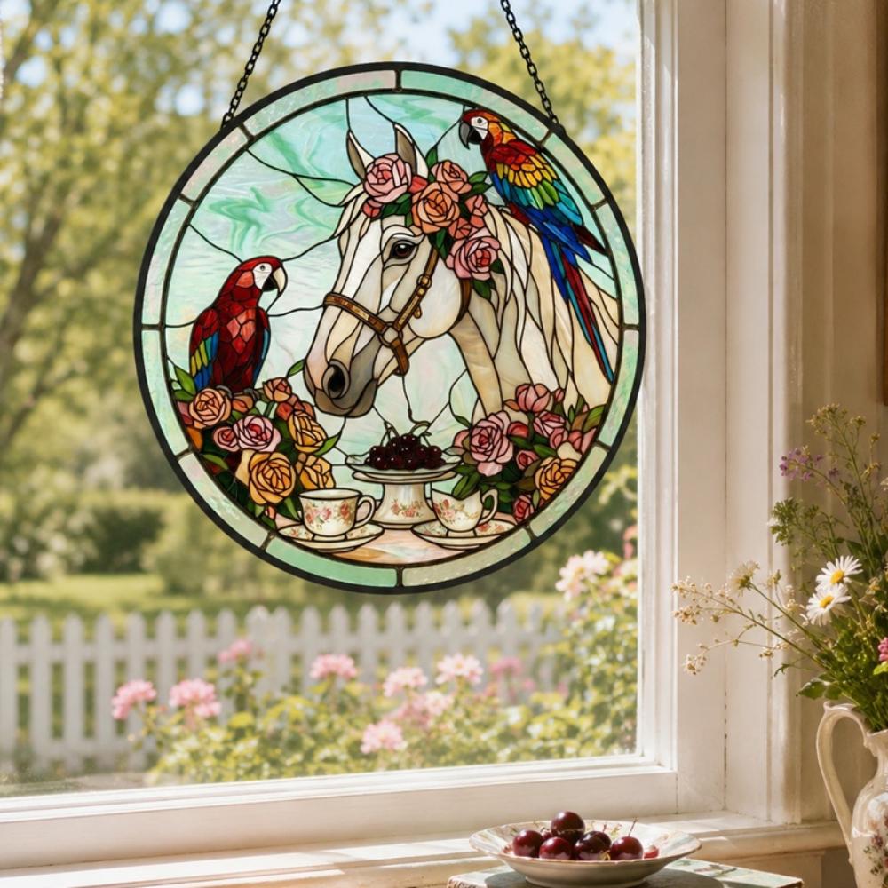Rose white horse and parrot stained glass suncatcher window hanging, suitable for home and garden decoration