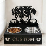 Personalized rottweiler metal dog bowl stand with custom name cutout and two removable feeding bowls